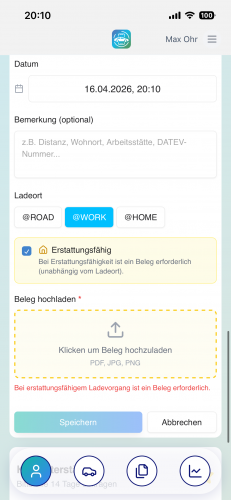 Eingabe eines Ladevorgangs in der FahrerApp